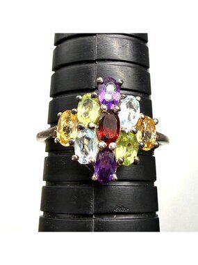 STS Cluster Ring Multi Gemstone Citrine Amethyst Garnet Sterling Silver Sz 10